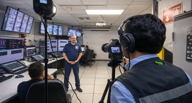 Producción de video profesional en empresa industrial con equipo audiovisual grabando entrevista cor