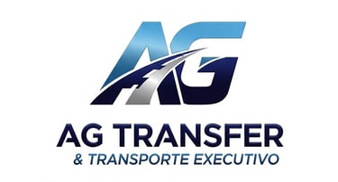 AG Transfer and Transporte Executivo logo featuring blue letters and a stylized road icon.
