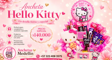 Flyer publicitario de una ancheta Hello Kitty con globo de cumpleaños