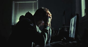 Stressed man holding his head in a dark room while looking at a computer monitor.