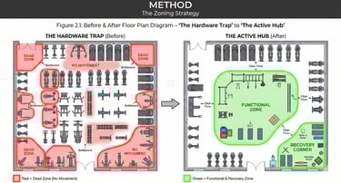 Luxury hotel gym design floor plan showing functional fitness zone vs traditional machine layout.