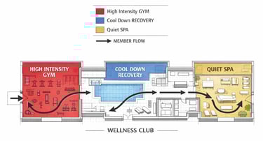 Wellness real estate zoning diagram showing gym and spa operational flow.
