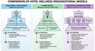 Wellness management structure comparison showing hotel organizational models and member retention ra