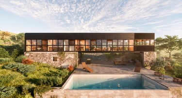 Vista exterior de pileta, galería, quincho y casa moderna. Casa integrada a la naturaleza. Arquitectura con sentido. 