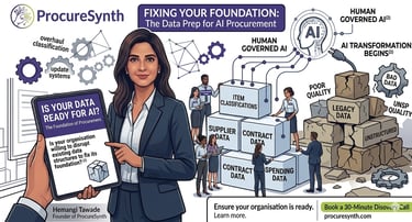 Infographic about data preparation for AI procurement featuring Hemangi Tawade of ProcureSynth.