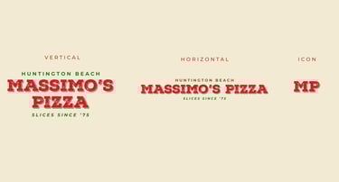 Massimo’s Pizza rebrand with vertical, horizontal, and MP icon logo styles.