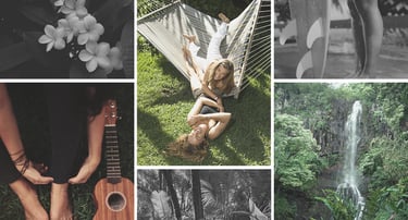 Tropical vacation collage featuring a waterfall, surfing, ukulele, and a couple relaxing in a hammock.