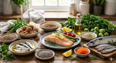 Fresh grilled salmon and sardines surrounded by omega-3 rich foods like walnuts, seeds, and leafy greens.