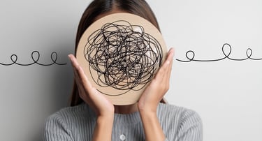 Woman holding a wooden circle with tangled scribbles symbolizing mental health, anxiety, and complex thoughts.