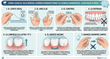 Infografía de siete pasos que muestra cómo usar el hilo dental correctamente para una higiene bucal saludable.