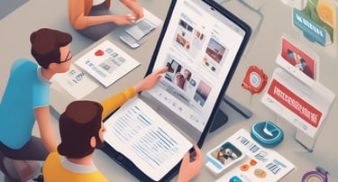 A team reviewing social media insights surrounded by nature-themed branding materials.