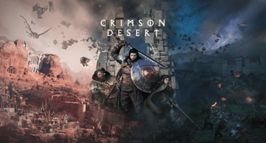 Crimson Desert game art featuring main characters, a warrior with sword and shield, and open world fantasy landscapes.