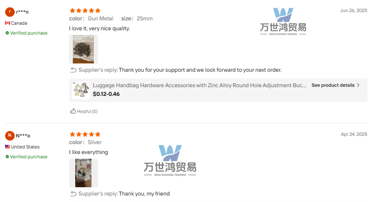 Customer reviews for zinc alloy handbag hardware accessories with five-star ratings and product photos.