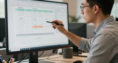 An expert instructional designer working in a sleek North American / US office environment, reviewing storyboards on a large screen monitor. Warm daylight illumination, professional and highly focused atmosphere.