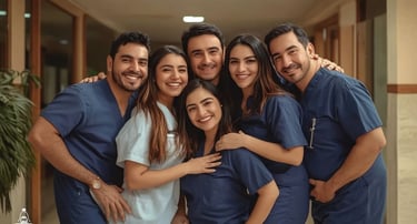 Equipo de seis profesionales de la salud, posando en clínica moderna con ambiente positivo y armonioso