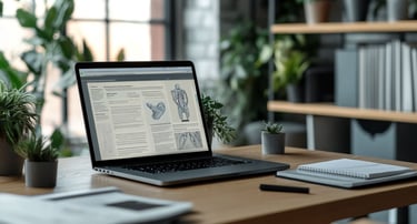 Laptop con plataforma de aprendizaje en fisioterapia, rodeada de libros abiertos con ilustraciones médicas en espacio moderno