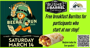 Poulsbo Beer Run 2026 event flyer with a leprechaun mascot, free breakfast burritos, and local brewery logos.