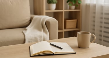 a coffee table with a notebook and a pen and a cup of coffee