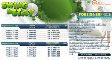 Paradise Hotel Golf and Resort Swing and Stay package pricing guide for foreign travelers featuring luxury stay and play