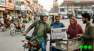 A group of Pakistani citizens at a newspaper stall feeling relieved after reading news "Petrol Mahanga Nahi Hoga"