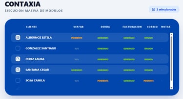 Contaxia accounting software dashboard showing client billing status, debt, and invoicing data.