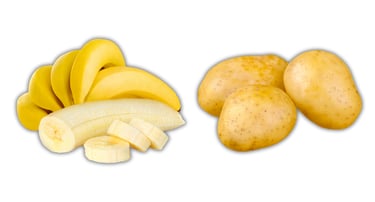 Bunch of bananas on the left and 3 potatoes on the right.
