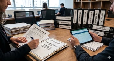 mesa com vários documentos fiscais uma mulher ficalizando com a ajuda de um homem