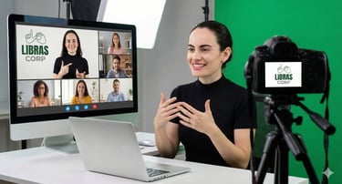 Alt> uma mulher ensina libras online usando a plataforma zoom várias pessoas logotipo da Librascorp