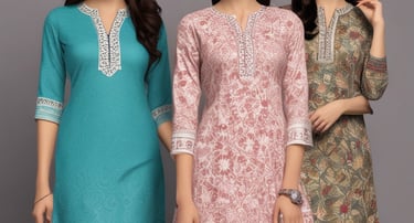 A clothing store with racks of various garments, including shirts, blouses, and pants on both sides of a central aisle. Sale signs are visible, with light tones of pastel colors and some printed patterns on the clothing.