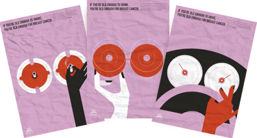 Drie roze posters met illustraties van roken, cocktails en autorijden