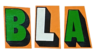 BLA uitgeknipte blokletters in groen op oranje