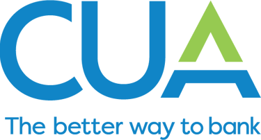 CUA logo featuring blue and green letters with the slogan The better way to bank on a black background.