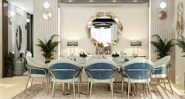 a dining room with a large table and chairs