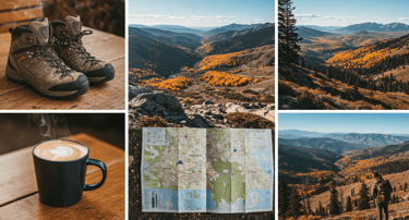 A collage of hiker on a hike, mountain background, a  park map and coffee with hiking shoes