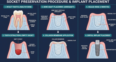 Diagram showing dental socket preservation procedure from tooth extraction and bone graft to implant placement.