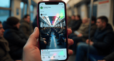A hand watching Instagram in backdrop of metro station