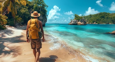 un touriste marche sur la plage