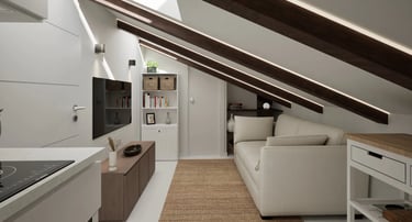 Render 3D de salón abuhardillado con estantería y cocina abierta