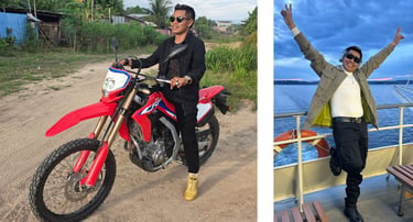 Roger Bardales posing on his iconic red Honda dirt bike and celebrating on a boat deck at sunset.