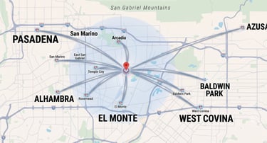 Service map: Acupuncture in Arcadia, Pasadena, and San Gabriel Valley.