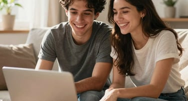 Bright, uplifting photograph of a young Chilean couple sitting on a living room sofa, sharing a lighthearted moment during an online session with their therapist. Warm sunshine, happy and motivating mood.