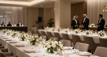 A sharp and professional corporate gala dinner setup in a luxury venue in the Middle Eastern / Gulf, elegant long tables with modern minimalist decor, warm ambient lighting, high ceiling with elegant architectural design, professional luxury aesthetic.