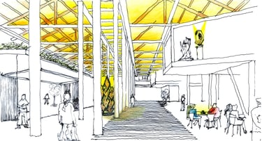 Direct sunlight in a building's interior, architectural sketch.