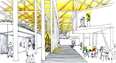 Direct sunlight in a building's interior architectural sketch.