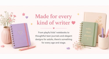 Collection of colorful notebooks and journals for kids and adults with floral accents and pens.