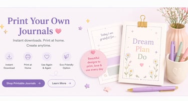 Printable journals and gratitude planners with pastel floral designs and stationery desk accessories.