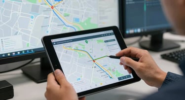 Hands of a logistics operator managing live GPS route data on a tablet inside a dispatch center, multiple route lines visible on screen, overhead distribution map in background, clean daylight, real work environment