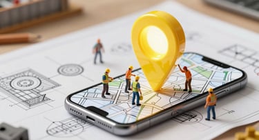 Isometric 3D blueprint of a miniature digital construction site, tiny workers in hard hats erecting a massive glowing yellow map pin next to a smartphone screen, pop-art comic style, bold ink outlines