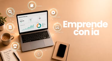 Espacio de trabajo en casa rodeado de íconos de negocios online que se pueden lanzar 2026 con ia