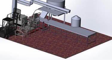 A 3D industrial CAD model of a processing plant facility featuring a forklift, storage tanks, and piping.
